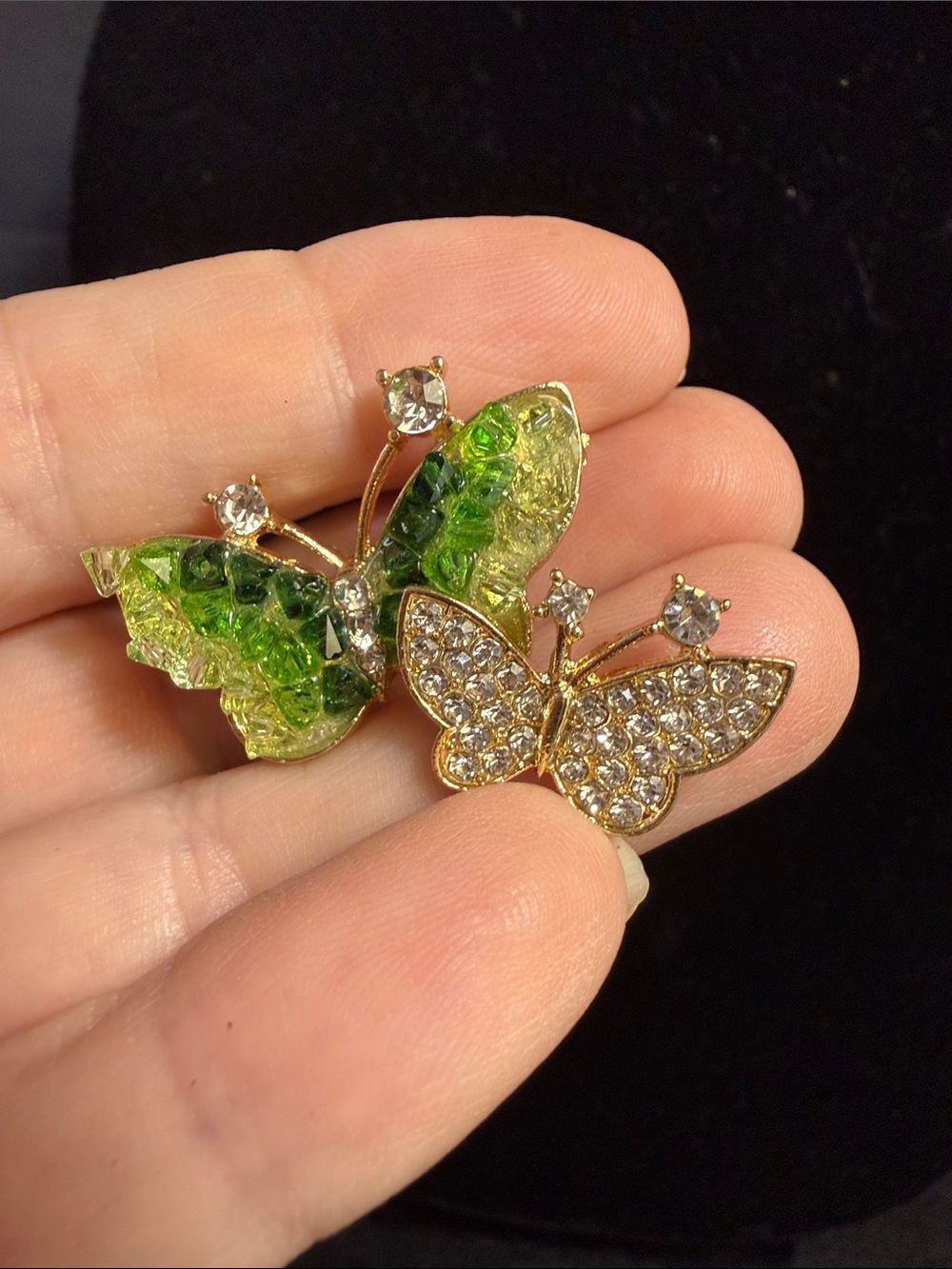 Gold-Tone Butterfly Brooch Set with Green Enamel and Clear Crystals
